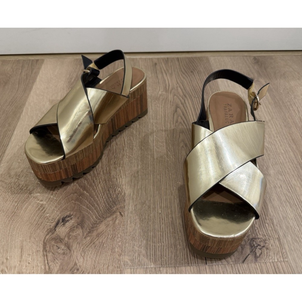 Zara Funky Gold Platform Wedge Sandals 37 6.5 Faux Wood